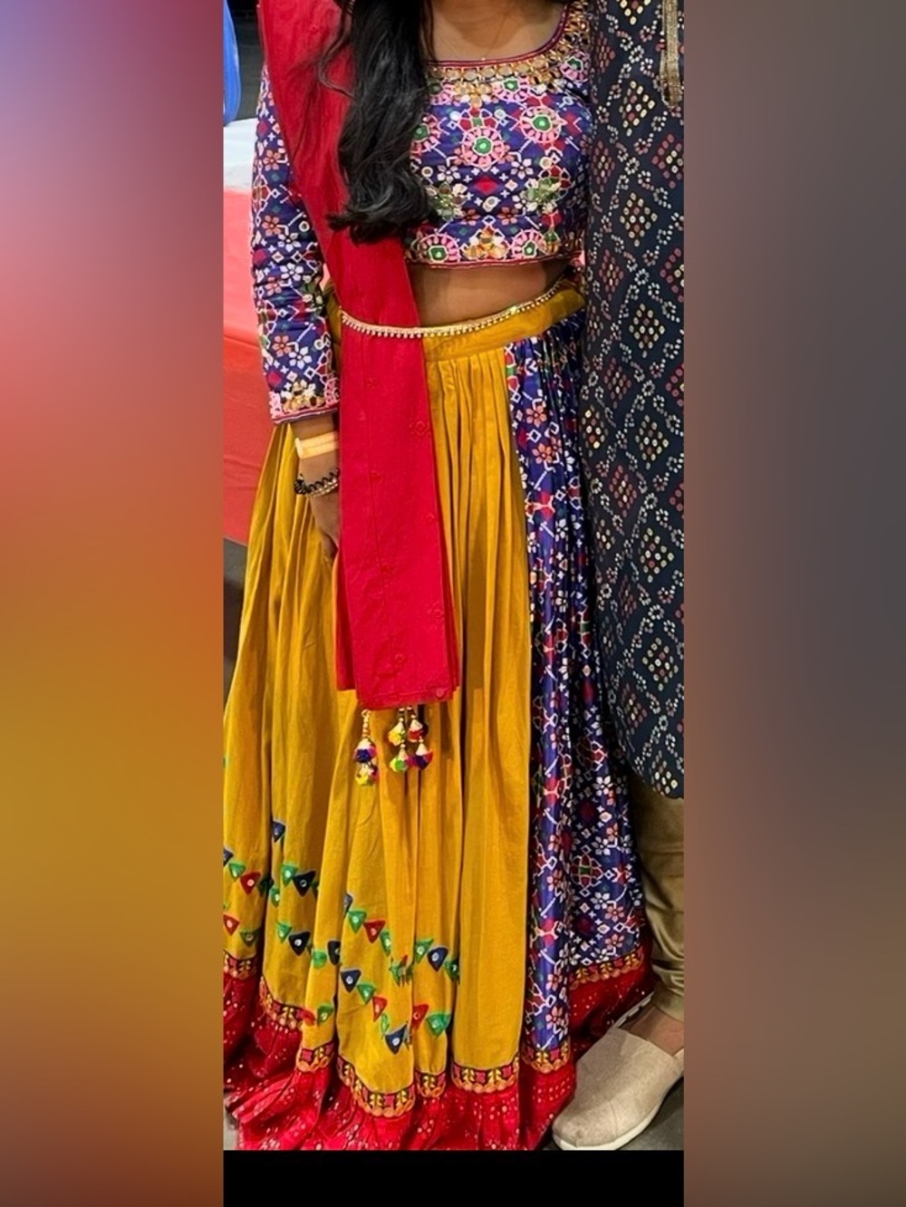 Vibrant Mustard Yellow & Red Women’s Lehenga with Printed Navy Crop Top